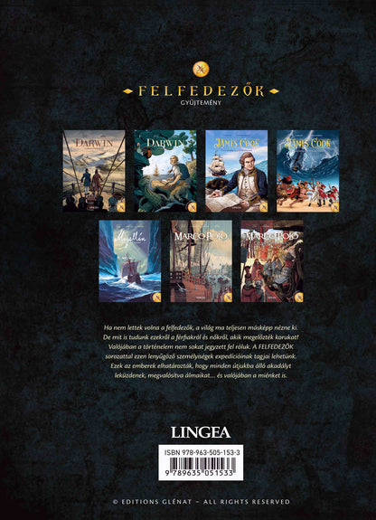 Felfedezők gyűjtemény hátlapja a hét kötettel és az ISBN-nel